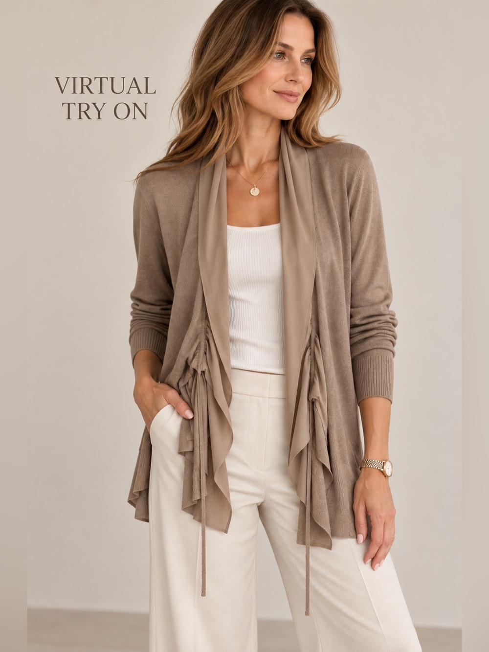 Gold Hawk XS Taupe Silk Trim Open Front Cardigan Sweater Draped NWT Womens